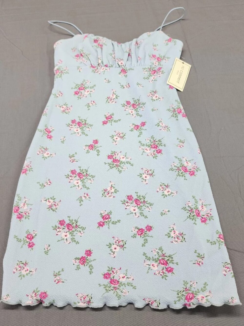 No Comment NWT Womens S Light Blue Floral Mini Cami Dress Ruched Lettuce Hem